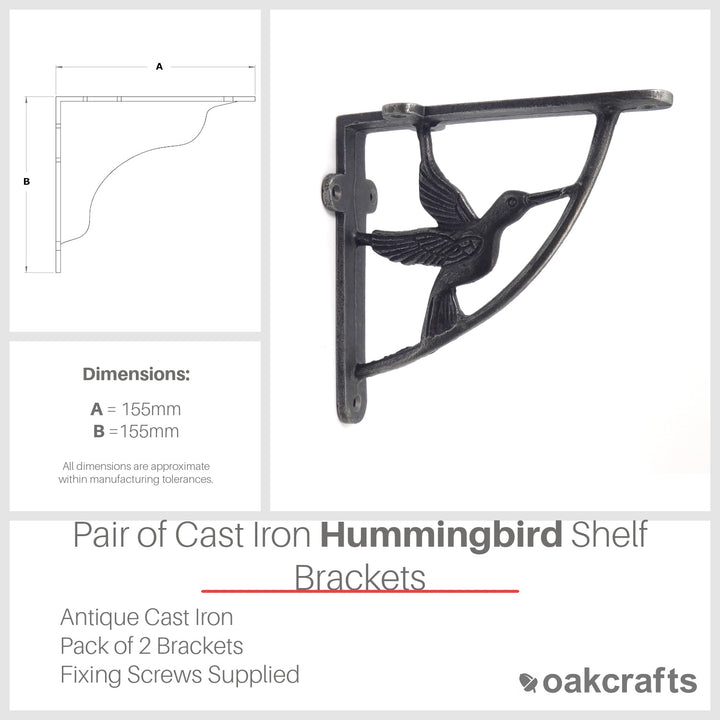 Pair of Antique Cast Iron Hummingbird Shelf Brackets - 155mm x 155mm