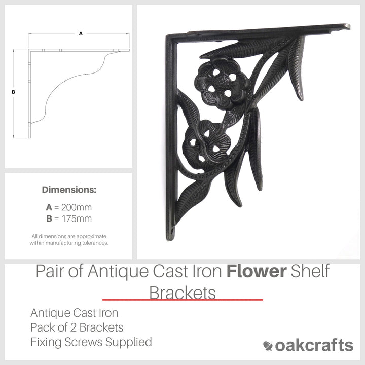 Pair of Antique Cast Iron Decorative Flower Shelf Brackets - 200mm x 175mm