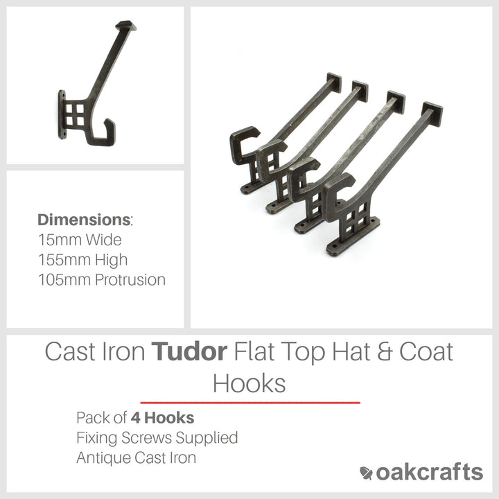 Antique Cast Iron Flat Top Tudor Hat & Coat Hooks - Pack of 4
