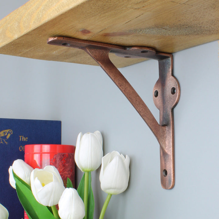 Pair of Cast Iron Gallows Shelf Brackets With a Copper Finish