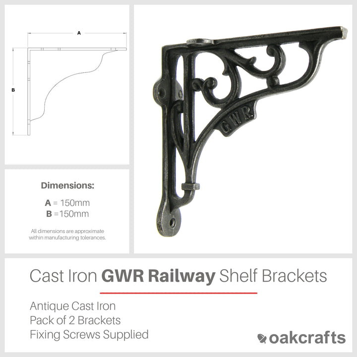 Pair of Antique Cast Iron 'GWR' Railway Victorian Style Shelf Brackets 