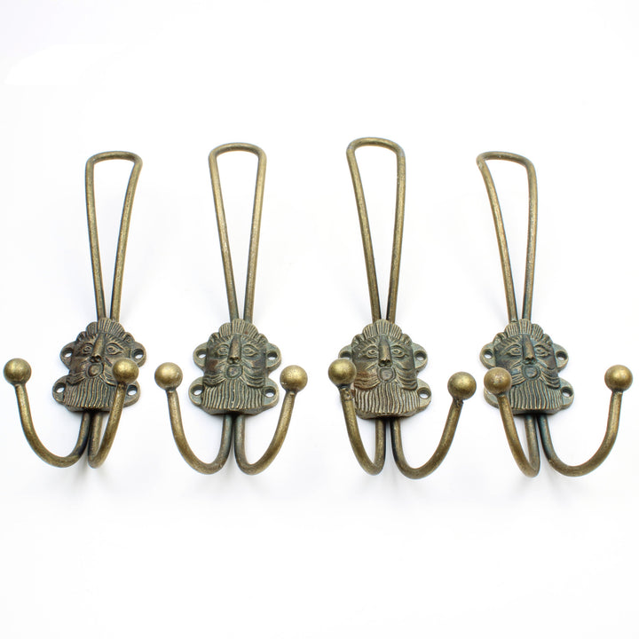 Ornate Green Man Style Hat & Coat Triple Hook in Antique Brass - Pack of 4 Hooks