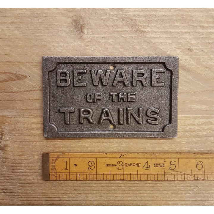 Antique Cast Iron Beware Of The Trains Plaque - 75mm x 125mm
