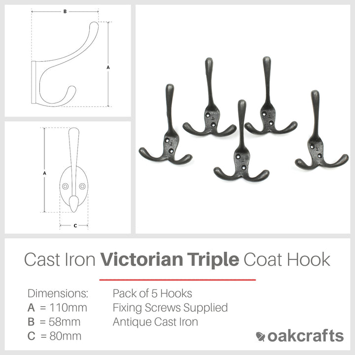 Antique Cast Iron Victorian Triple Coat Hook - Pack of 5 Hooks