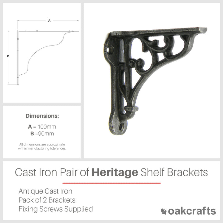 Pair of Antique Cast Iron Heritage Shelf Brackets - 100mm x 90mm 