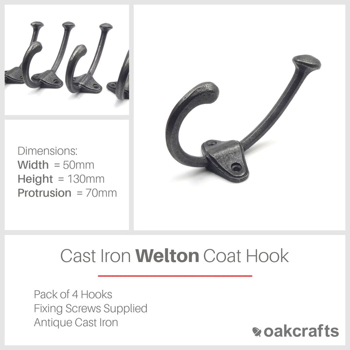 Antique Cast Iron Welton Coat Hook - Pack of 4 Hooks