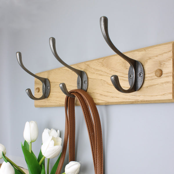 Handcrafted Solid Oak Coat Rack with Cast Iron Hooks