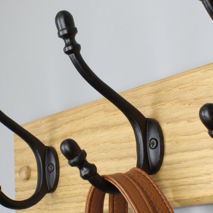 Handcrafted Solid Oak Coat Rack with Cast Iron Satin Black Hooks