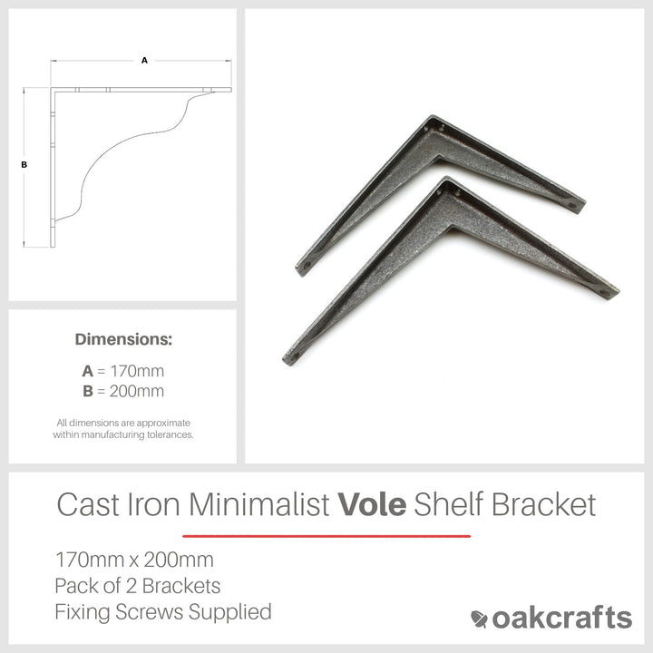 Pair of Cast Iron Minimalist Vole Shelf Brackets 170mm x 200mm