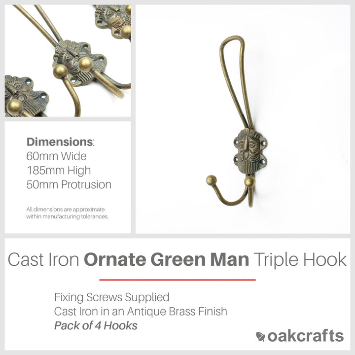 Ornate Green Man Style Hat & Coat Triple Hook in Antique Brass - Pack of 4 Hooks