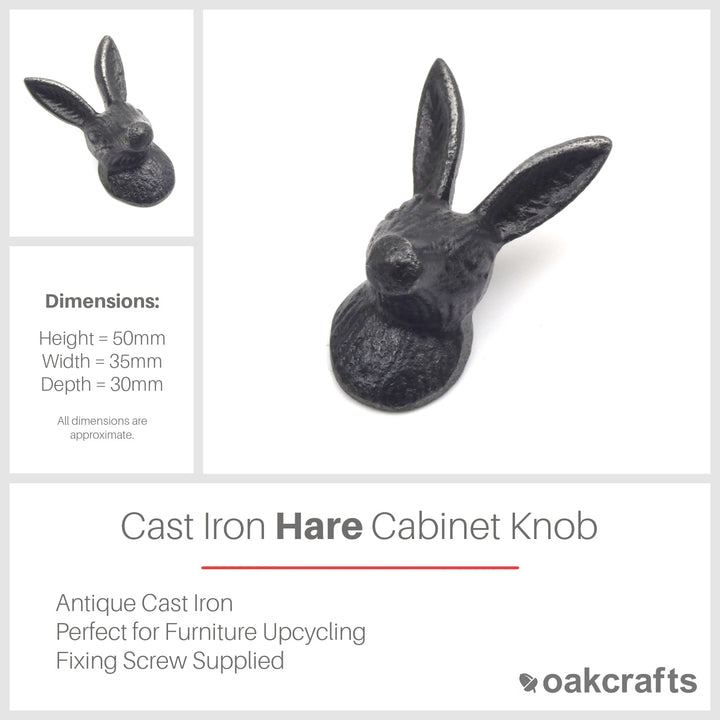 Small Cast Iron Hare Cabinet Knob - Approx 50mm