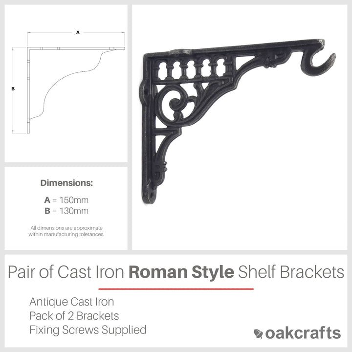 Pair of Cast Iron Roman Shelf Brackets - 150mm x 130mm