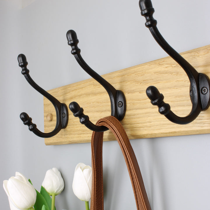 Handcrafted Solid Oak Coat Rack with Cast Iron Satin Black Hooks