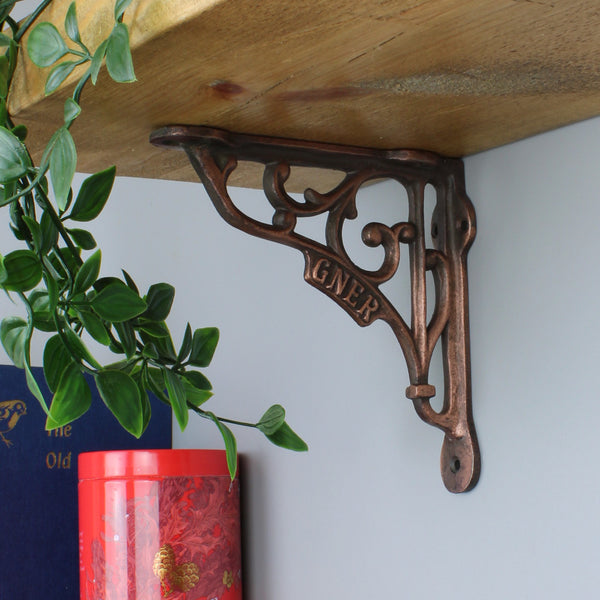 Pair of Antique Cast Iron GNER Shelf Brackets in a Copper Finish - 130mm x 130mm 