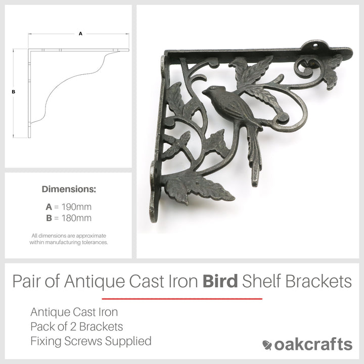 Pair of Antique Cast Iron Decorative Bird Shelf Brackets - 180mm x 190mm