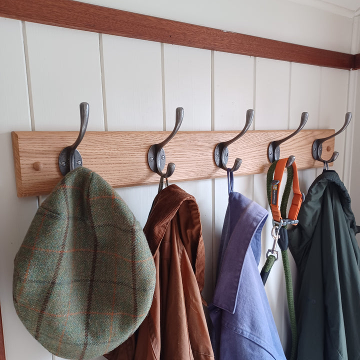 Handcrafted Solid Oak Coat Rack with Cast Iron Hooks