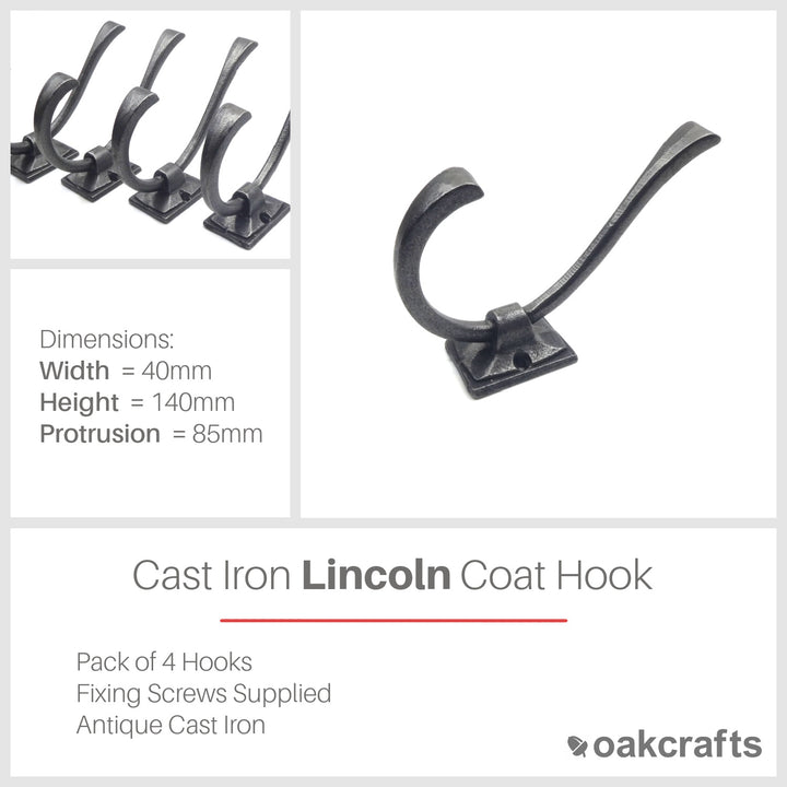 Antique Cast Iron Lincoln Coat Hook - Pack of 4 Hooks