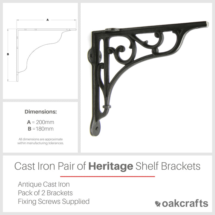 Pair of Antique Cast Iron Heritage Shelf Brackets - 180mm x 200mm