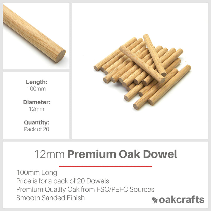 Premium Quality European Oak Dowel 100mm Long (12mm - Pack of 20)