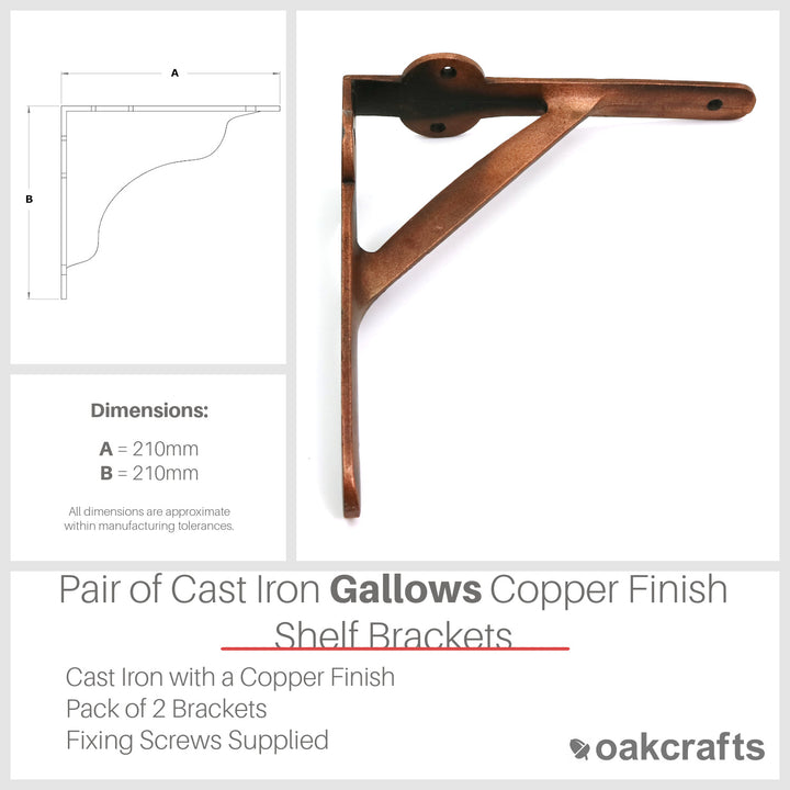 Pair of Cast Iron Gallows Shelf Brackets with a Copper Finish - 210mm x 210mm