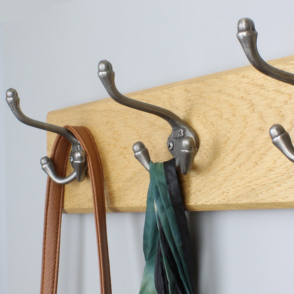 Handcrafted Solid Oak Coat Rack with Cast Iron 1883 Triple Hooks