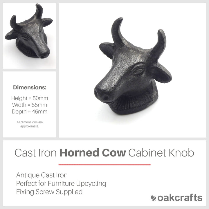 Small Cast Iron Horned Cow Cabinet Knob - Approx 55mm