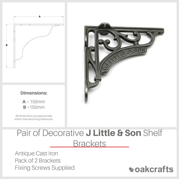 Pair of Antique Cast Iron J Little & Son Shelf Brackets - 155mm x 155mm