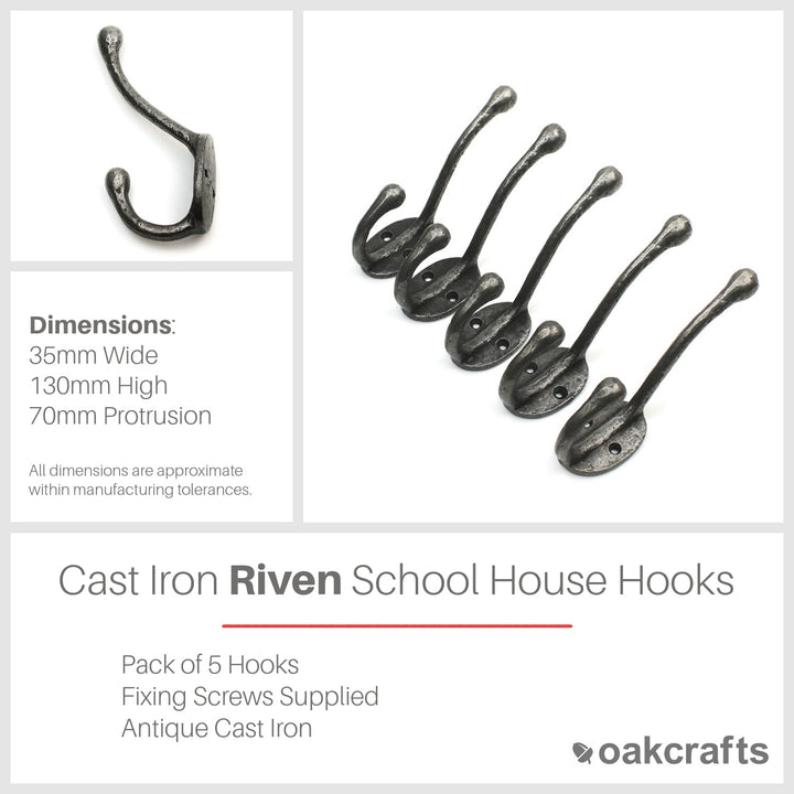 Antique Cast Iron Riven School house Hat and Coat Hook - Pack of 5