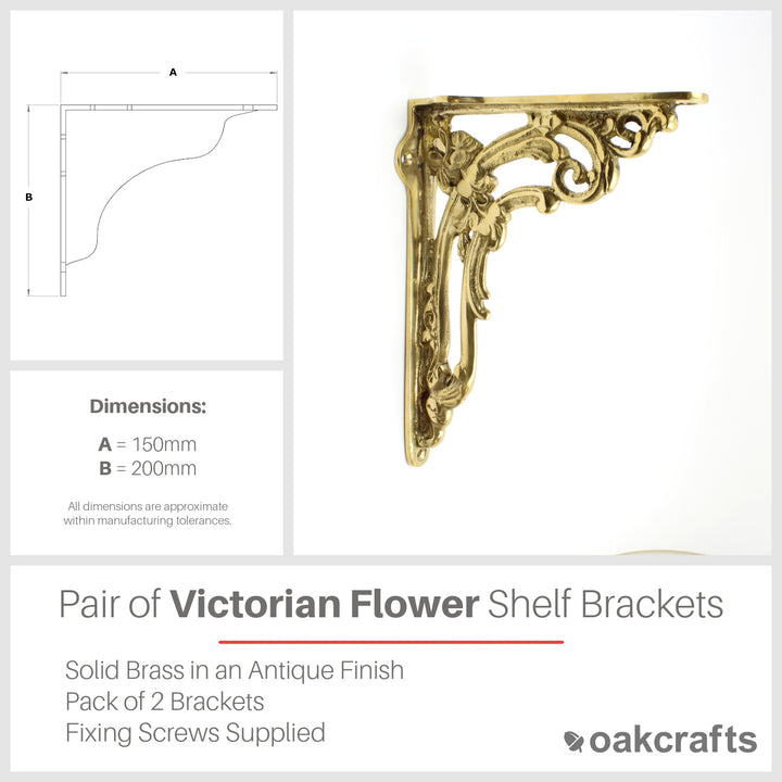 Pair of Antique Brass Victorian Flower Shelf Brackets - 150mm x 200mm