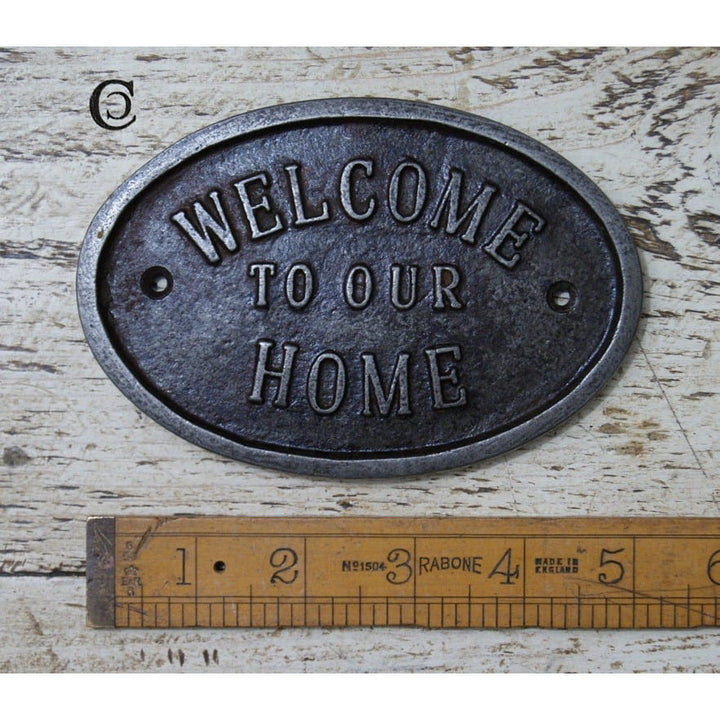 Antique Cast Iron WELCOME TO OUR HOME Oval Plaque Sign - 133mm x 90mm