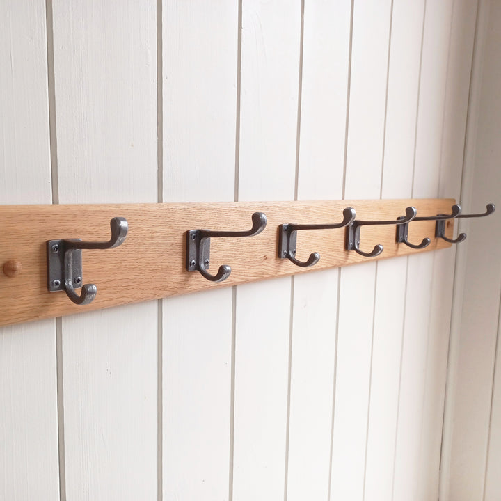 Handcrafted Solid Oak Coat Rack with Cast Iron Hooks