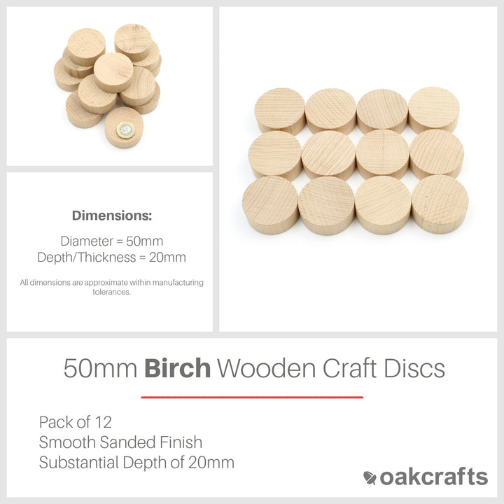 Pack of 12 Birch Wooden Craft Discs - 50mm Diameter