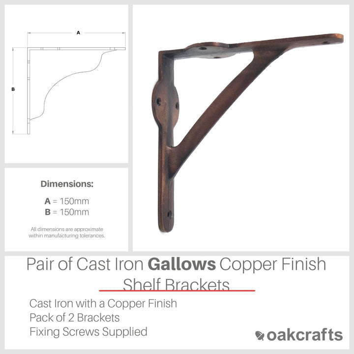 Pair of Cast Iron Gallows Shelf Brackets With a Copper Finish