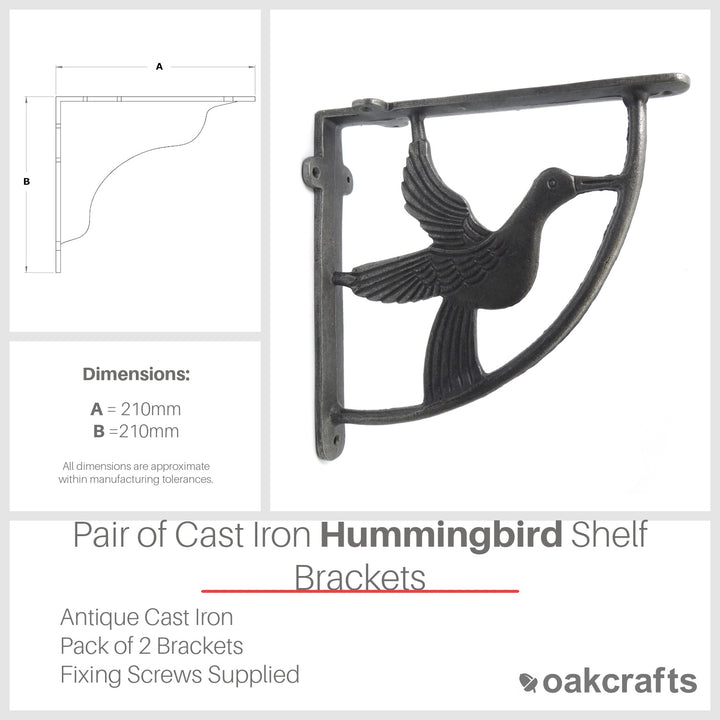 Pair of Antique Cast Iron Hummingbird Shelf Brackets - 210mm x 210mm