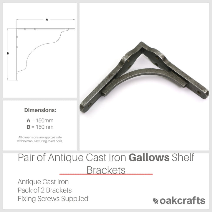 Pair of Antique Cast Iron Gallows Shelf Brackets - 150mm x 150mm