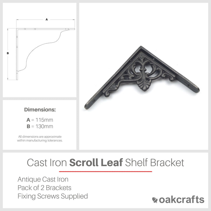 Pair of Antique Cast Iron Scroll Leaf Shelf Brackets - 115mm x 130mm