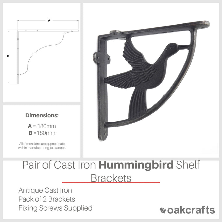 Pair of Antique Cast Iron Hummingbird Shelf Brackets - 180mm x 180mm
