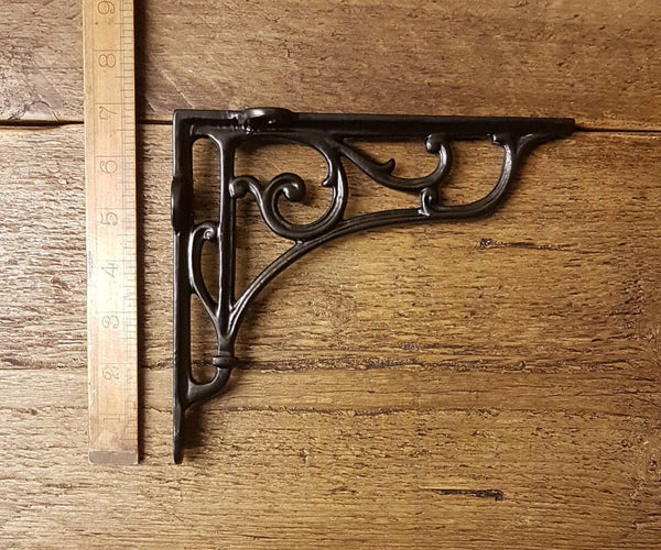 Pair of Antique Cast Iron Heritage Shelf Brackets in Satin Black Finish - 175mm x 194mm