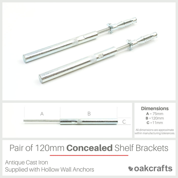 Pair of Concealed/Floating Shelf Cavity Wall Support Rods - 12mm x 120mm