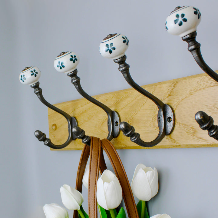 Hand Finished Dark Green Flower Ceramic Coat Hooks - Pack of 4