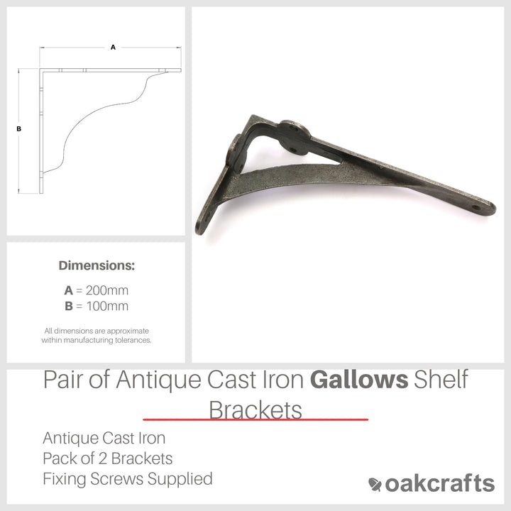 Pair of Antique Cast Iron Gallows Shelf Brackets - 200mm x 100mm