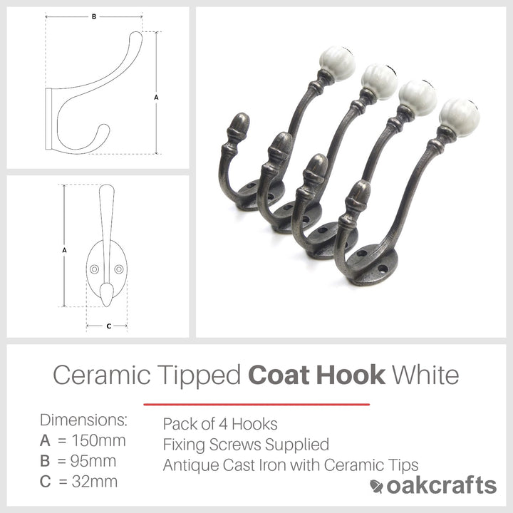 Ceramic Tipped Shabby Chic Cast Iron Coat Hook 150mm - Pack of 4 Hooks