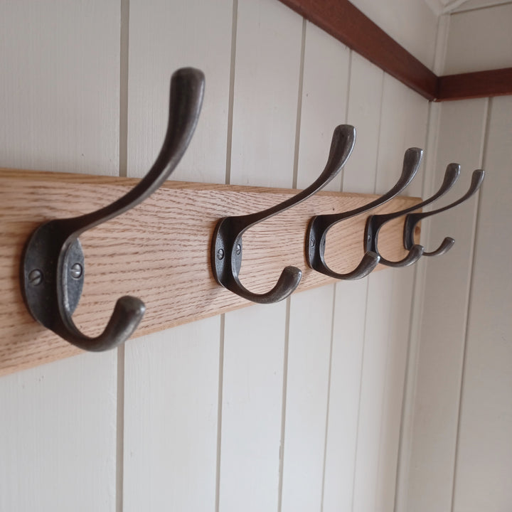 Handcrafted Solid Oak Coat Rack with Cast Iron Hooks