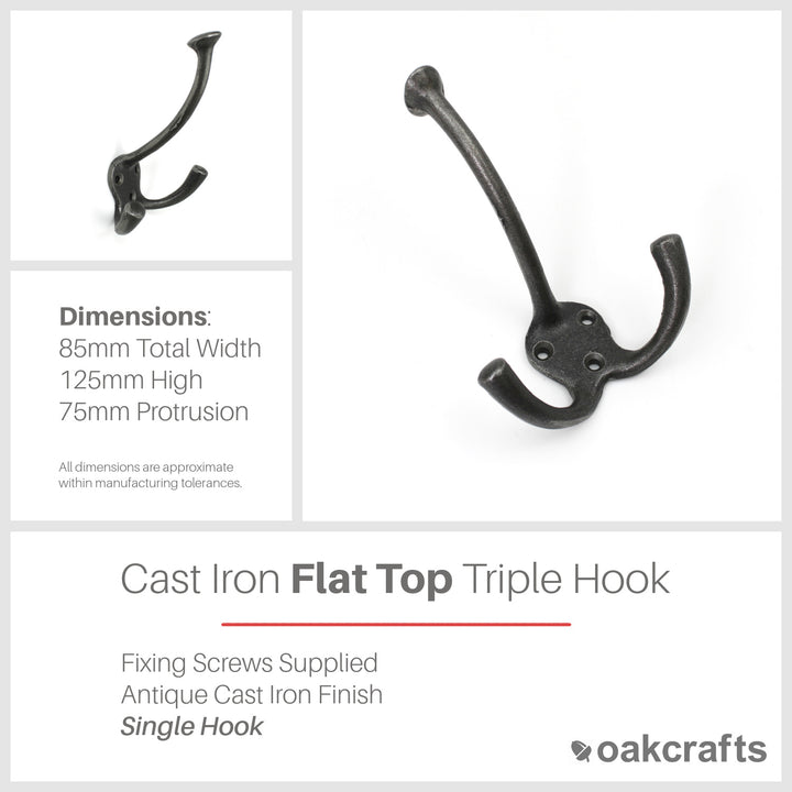 Antique Cast Iron Flat Top Triple Hook - 125mm