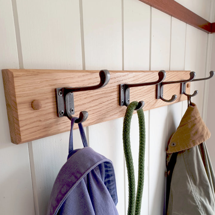 Handcrafted Solid Oak Coat Rack with Cast Iron Hooks