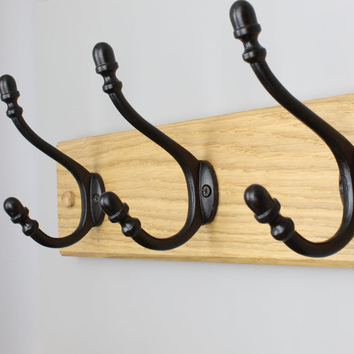 Handcrafted Solid Oak Coat Rack with Cast Iron Satin Black Hooks