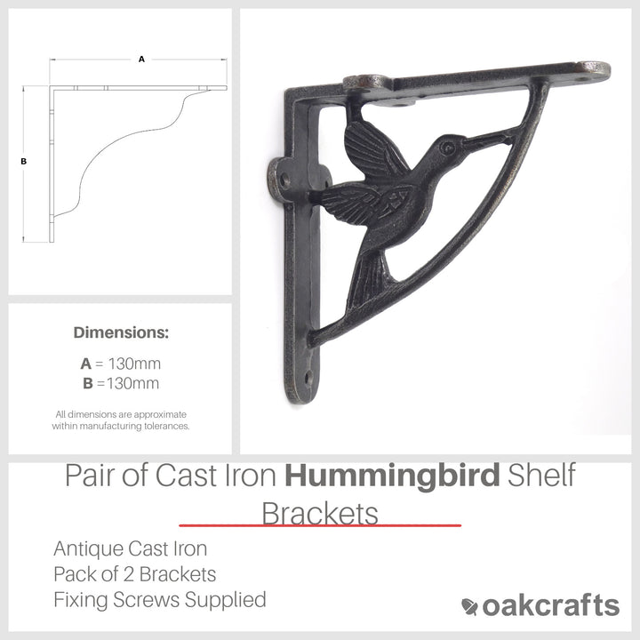 Pair of Antique Cast Iron Hummingbird Shelf Brackets - 130mm x 130mm