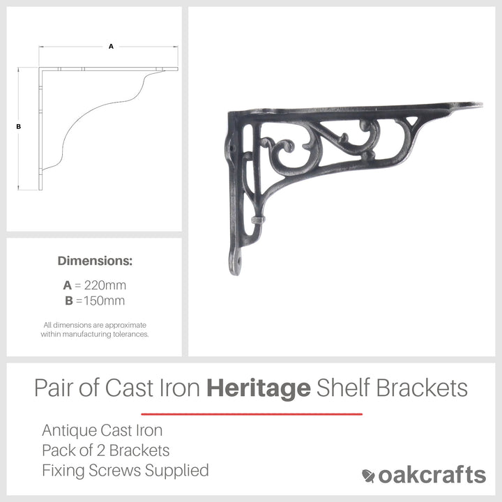 Pair of Antique Cast Iron Victorian Style Heritage Shelf Brackets - 220mm x 150mm