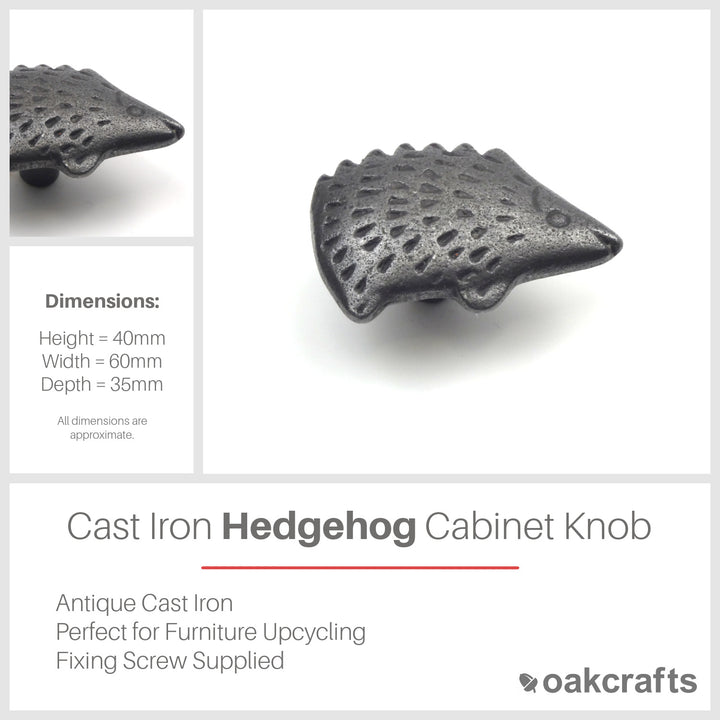 Small Cast Iron Hedgehog Cabinet Knob - Approx 60mm