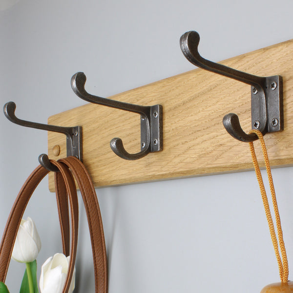 Handcrafted Solid Oak Coat Rack with Cast Iron Hooks